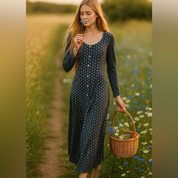 Womens Guess Navy Prairie Maxi Floral Dress Sz 5 Charming Romantic Cottagecore - Picture 1 of 12